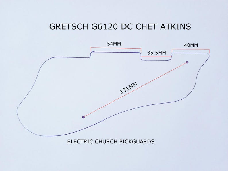 May include: A line drawing of a guitar pickguard template for a Gretsch G6120 DC Chet Atkins guitar. The template shows the dimensions of the pickguard, including a length of 131 mm, a width of 54 mm, and a width of 40 mm. The text "ELECTRIC CHURCH PICKGUARDS" is printed below the template.