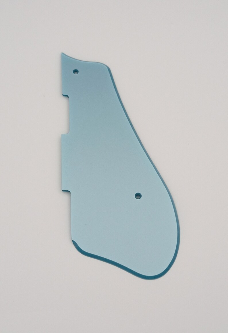 May include: A light blue plastic guitar pickguard with two small holes.