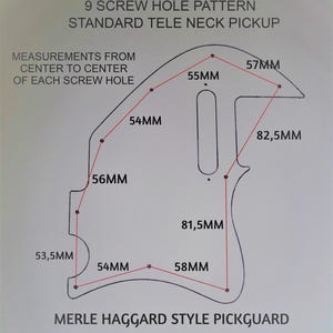 May include: Diagram showing the screw hole pattern for a standard Tele neck pickup. The diagram shows the measurements in millimeters between each screw hole. The text "Merle Haggard Style Pickguard" and "Electric Church Pickguards" is also included.