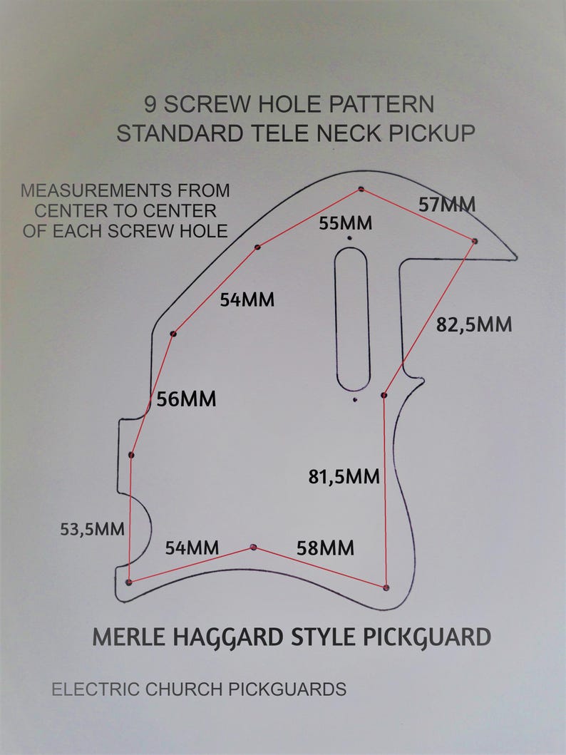May include: Diagram showing the screw hole pattern for a standard Tele neck pickup. The diagram shows the measurements in millimeters between each screw hole. The text "Merle Haggard Style Pickguard" and "Electric Church Pickguards" is also included.