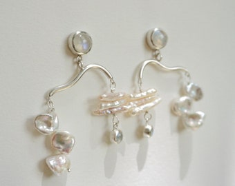 Long Pearl Earrings, Pearl Bridal Earrings, Pearl Dangle Earring Silver, Moonstone Earring, Modern Bridal Earring, Daughter Christmas Gift