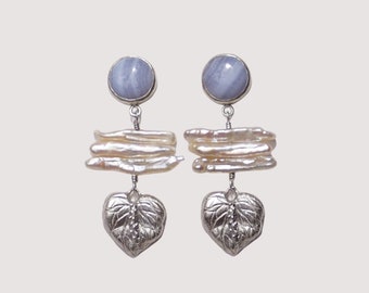 Long Pearl Flowers Wedding Earrings, Blue Agate Pearl Bridal Earrings, Anthurium Silver Modern Bridal Earring, Boho Bohemian Bridal Jewelry