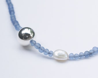Blue Beaded Necklace, Sterling Silver Pearl Necklace, Layering Asymmetrical Choker, Best Friend Gift, Big Sister Gift, Mom Daughter Gift
