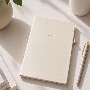 May include: Cream-colored notebook with the initials "ARL" embossed on the cover. A matching pen with gold accents rests beside the notebook. A white mug with a dark liquid and a small vase with greenery are also present.