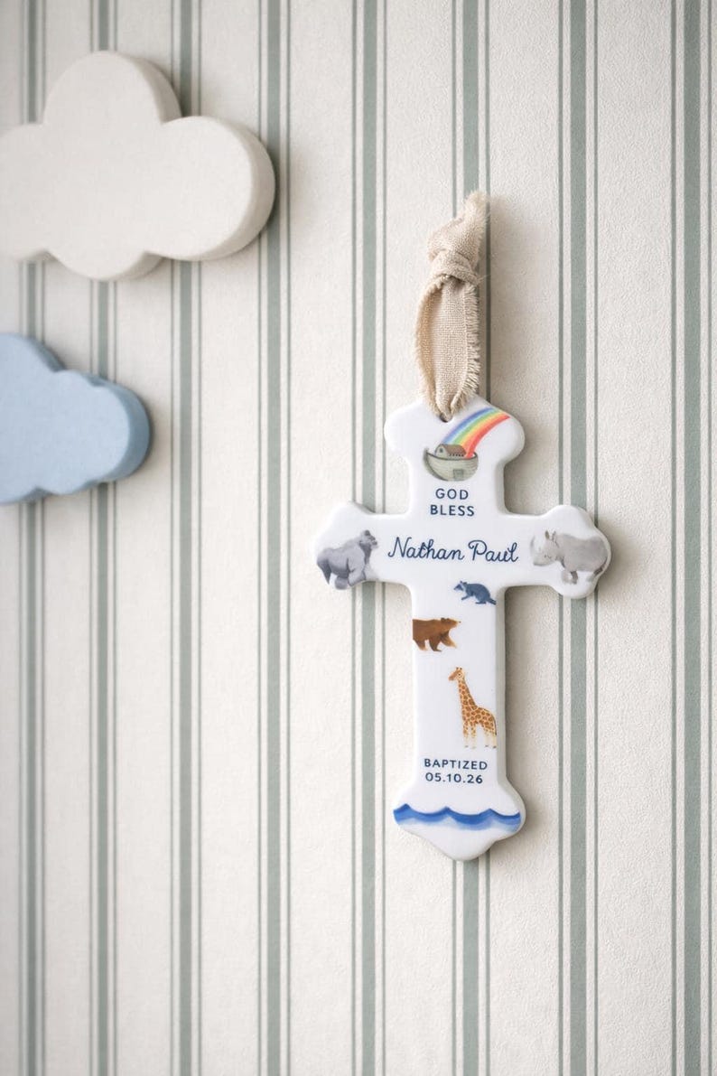 Personalized Baby Boy Baptism Gift Ceramic Cross Name Christian Keepsake Newborn Dedication Christening Presentation Grandbaby Gift Idea