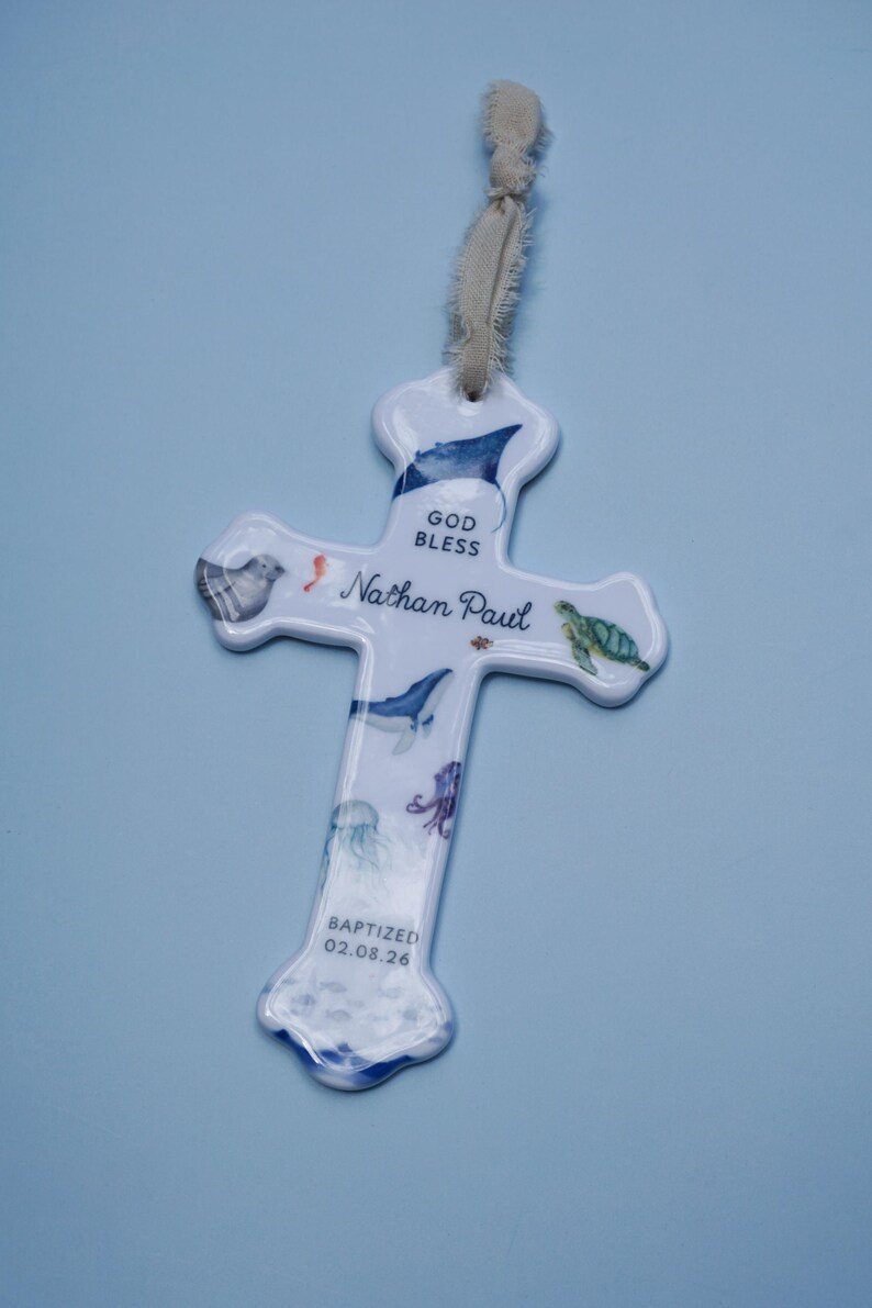 Personalized Baby Boy Baptism Gift Ceramic Cross Name Christian Keepsake Newborn Dedication Christening Presentation Grandbaby Gift Idea image 10