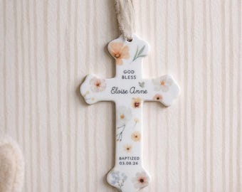 Personalized Baby Girl Baptism Gift Ceramic Cross Ornament Name Christian Keepsake Newborn Dedication Christening Presentation Grandbaby