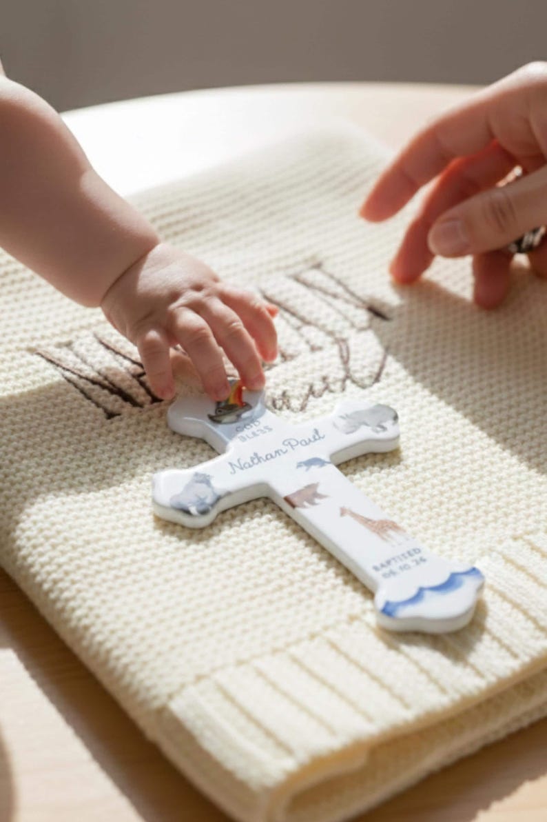 Personalized Baby Boy Baptism Gift Ceramic Cross Name Christian Keepsake Newborn Dedication Christening Presentation Grandbaby Gift Idea image 11