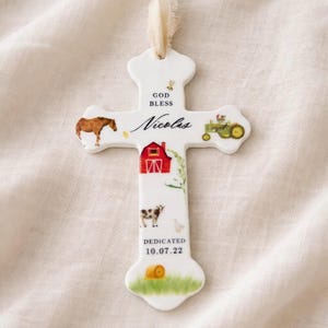 Personalized Baby Boy Baptism Gift Ceramic Cross Name Christian Keepsake Newborn Dedication Christening Presentation Grandbaby Gift Idea Farm