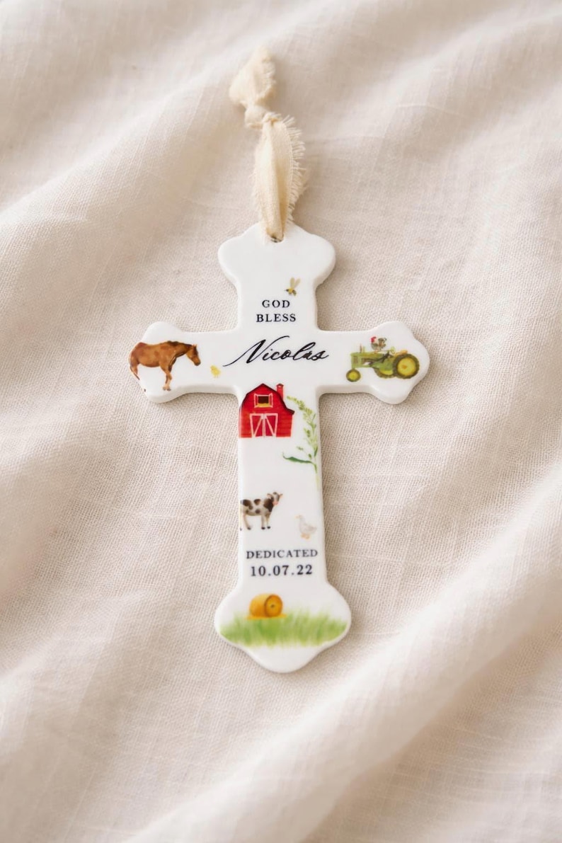 Personalized Baby Boy Baptism Gift Ceramic Cross Name Christian Keepsake Newborn Dedication Christening Presentation Grandbaby Gift Idea Farm