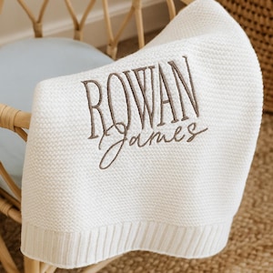 Embroidered Custom Blanket for Baby Boy Ivory Blanket with Name Baptism Gift Idea Grandbaby Gift Newborn Baby Shower Keepsake Gift New Baby