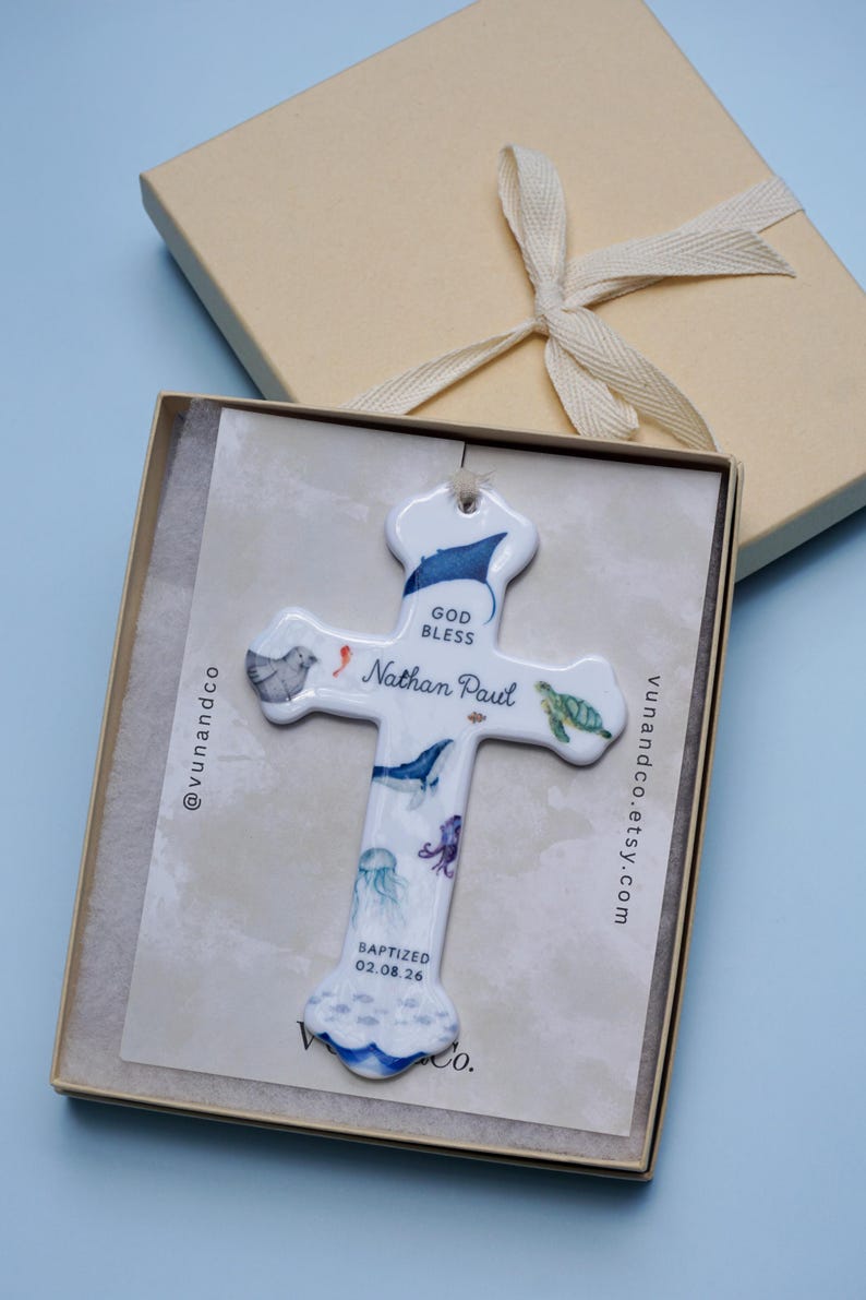 Personalized Baby Boy Baptism Gift Ceramic Cross Name Christian Keepsake Newborn Dedication Christening Presentation Grandbaby Gift Idea image 9