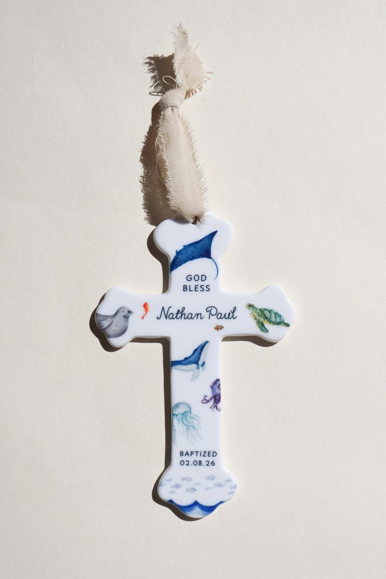 Personalized Baby Boy Baptism Gift Ceramic Cross Name Christian Keepsake Newborn Dedication Christening Presentation Grandbaby Gift Idea