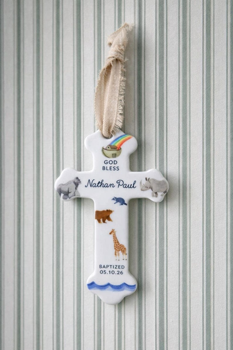 Personalized Baby Boy Baptism Gift Ceramic Cross Name Christian Keepsake Newborn Dedication Christening Presentation Grandbaby Gift Idea image 12