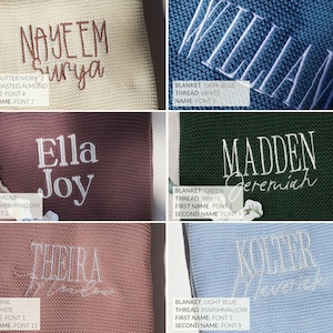 The image is a collage of six different images, each featuring a personalized name embroidered on a blanket or knitted item. The names include "Nayaem Surya", "Ella Joy", "MADDEN", "Kolter", and "William". The names are written in various fonts and colors, such as white, black, and different shades of blue. The images showcase the names in a variety of styles and arrangements, creating a visually appealing and diverse collection.