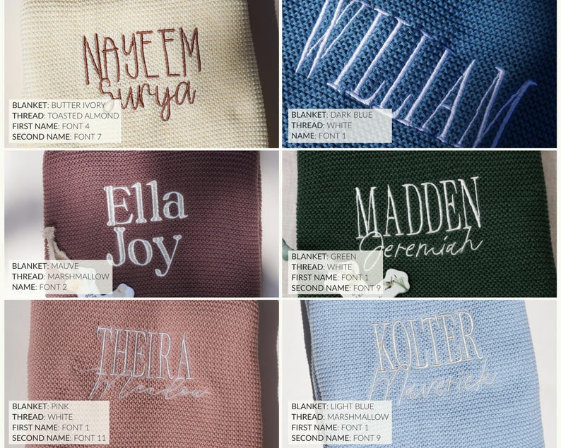 The image is a collage of six different images, each featuring a personalized name embroidered on a blanket or knitted item. The names include "Nayaem Surya", "Ella Joy", "MADDEN", "Kolter", and "William". The names are written in various fonts and colors, such as white, black, and different shades of blue. The images showcase the names in a variety of styles and arrangements, creating a visually appealing and diverse collection.