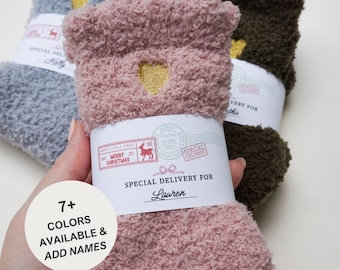 Personalized Christmas Fuzzy Sock Gift for Her Christmas Eve Box Filler Bulk Stocking Stuffer Name Christmas Small Gift Idea Party Favors