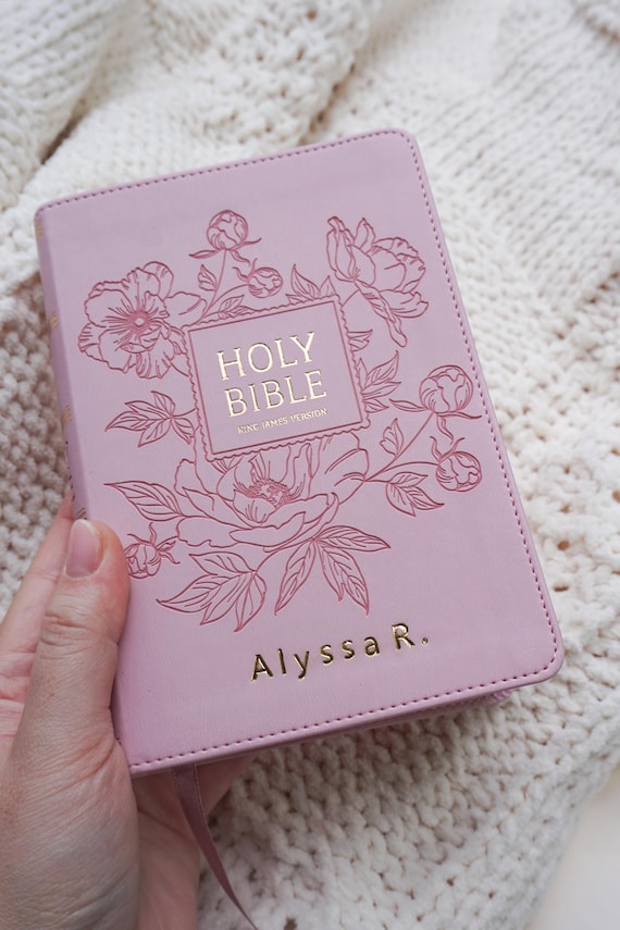Personalized Pink Bible Christian Gift for Her Boho Flower KJV Bible with Name for Women Faux Leather Bible Custom English Holy Bible Gift