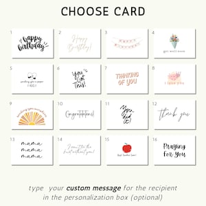 May include: A grid of 16 different greeting cards with various designs and messages. The cards include birthday wishes, congratulations, get well soon, thinking of you, I love you, thank you, mama, praying for you, and more.