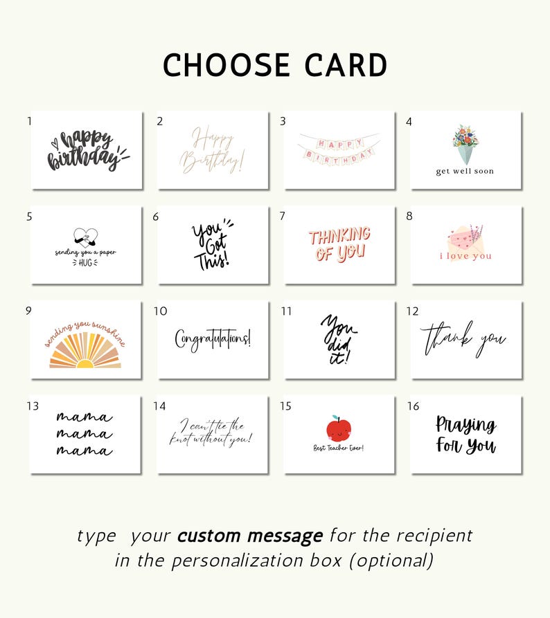 May include: A grid of 16 different greeting cards with various designs and messages. The cards include birthday wishes, congratulations, get well soon, thinking of you, I love you, thank you, mama, praying for you, and more.