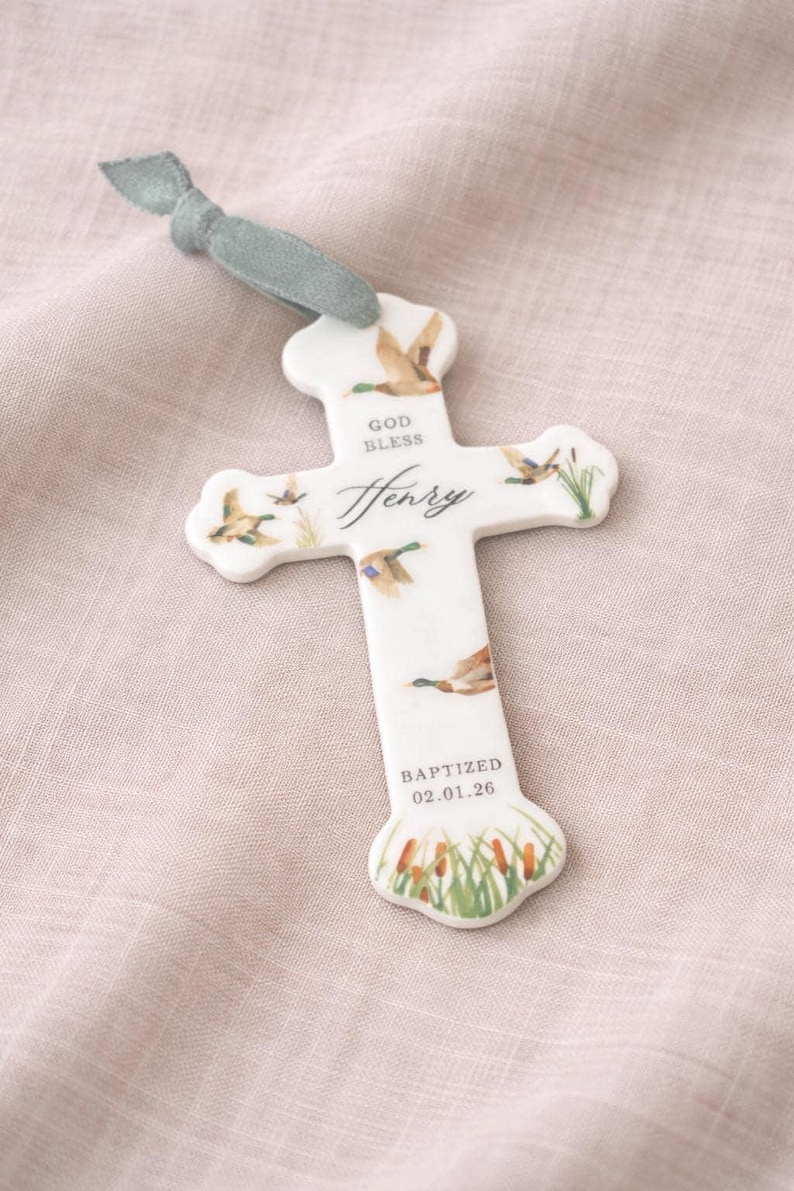 Personalized Baby Boy Baptism Gift Ceramic Cross Name Christian Keepsake Newborn Dedication Christening Presentation Grandbaby Gift Idea Mallard Ducks