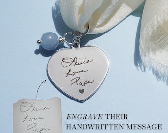 Engraved Bride Gift From Mom Something Blue Bride Gift Wedding Memorial Gift Signature Remembrance Silver Bouquet Charm Bridal Flower Charm