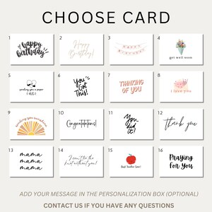 May include: A selection of greeting cards with various messages, including "Happy Birthday," "Get Well Soon," and "Thank You." The cards feature different fonts and designs, with some including illustrations like a bouquet of flowers and a heart.