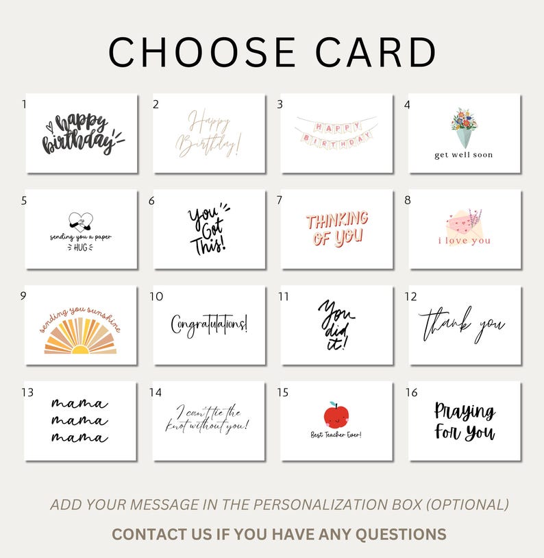 May include: A selection of greeting cards with various messages, including "Happy Birthday," "Get Well Soon," and "Thank You." The cards feature different fonts and designs, with some including illustrations like a bouquet of flowers and a heart.