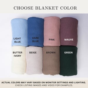 a collection of eight different colored knitted blankets, each with a label indicating the color. The blankets are arranged in a grid, with four on the top row and four on the bottom row. The labels for the blankets include "LIGHT BLUE", "DARK BLUE", "PINK", and "MAUV". The actual colors of the blankets may vary based on monitor settings and lighting, and it is recommended to check the image listings and video for examples to get a better understanding of the colors.