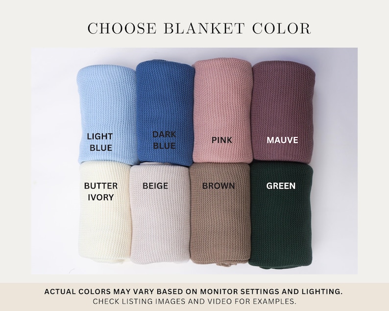 a collection of eight different colored knitted blankets, each with a label indicating the color. The blankets are arranged in a grid, with four on the top row and four on the bottom row. The labels for the blankets include "LIGHT BLUE", "DARK BLUE", "PINK", and "MAUV". The actual colors of the blankets may vary based on monitor settings and lighting, and it is recommended to check the image listings and video for examples to get a better understanding of the colors.