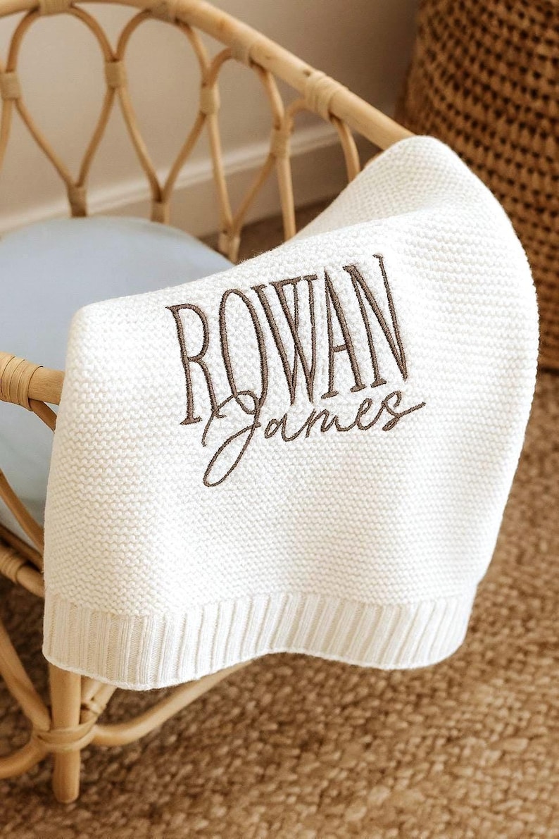 Embroidered Custom Blanket for Baby Boy Neutral Ivory Blanket with Name Baptism Gift Idea Grandbaby Gift Newborn Baby Shower Keepsake Gift New Baby