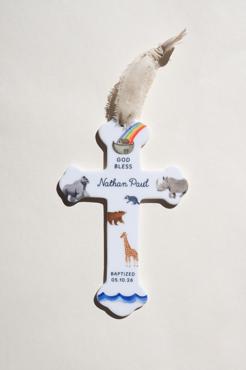 Personalized Baby Boy Baptism Gift Ceramic Cross Name Christian Keepsake Newborn Dedication Christening Presentation Grandbaby Gift Idea