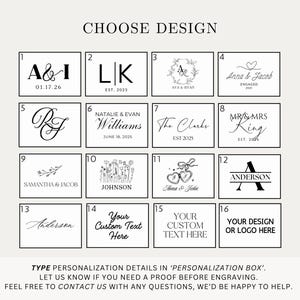 a collection of personalized design options, including names, initials, and custom text, presented in a box for users to choose from.