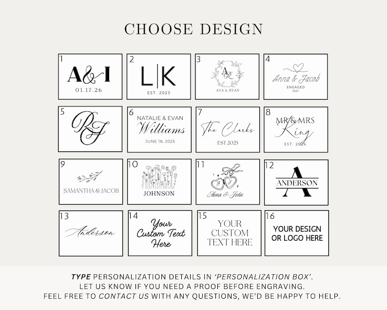 a collection of personalized design options, including names, initials, and custom text, presented in a box for users to choose from.