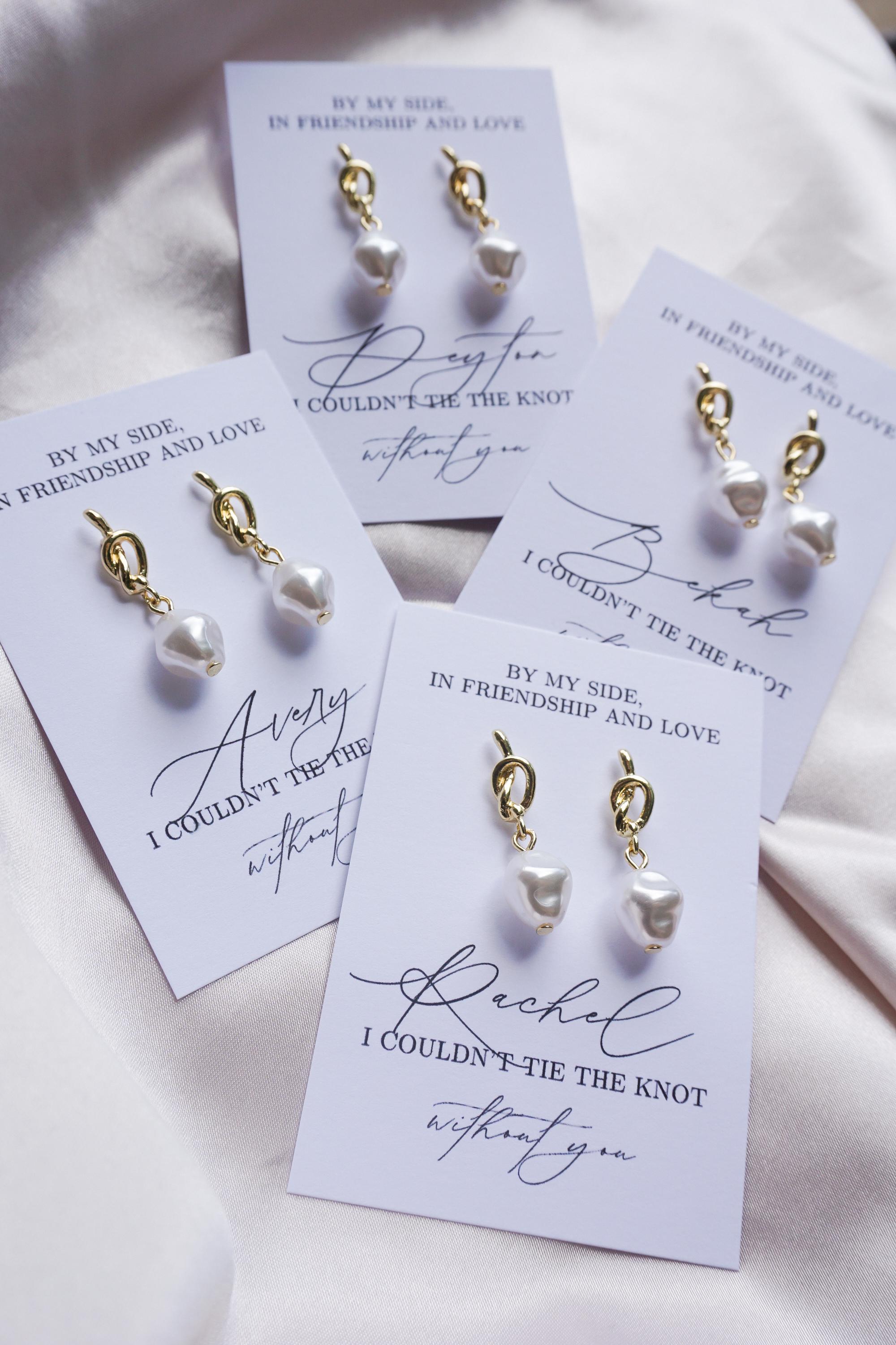 Personalized Bridesmaid Proposal Gift Day of Wedding Party Gift Idea Matching Pearl Earring Bride Crew Knot Custom Gift Maid of Honor Gift