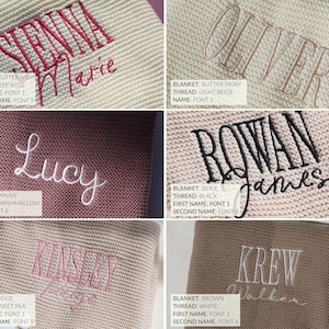 a collage of six different embroidered designs, each featuring a name or name tag. The designs include a blanket with the name "SENNA Marie", a blanket with the name "BLANKET BUTTER WORKS", a blanket with the name "OLIVER", a blanket with the name "LUCY", a blanket with the name "ROWAN GAMES", and a blanket with the name "KINSLOT".