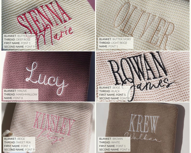 a collage of six different embroidered designs, each featuring a name or name tag. The designs include a blanket with the name "SENNA Marie", a blanket with the name "BLANKET BUTTER WORKS", a blanket with the name "OLIVER", a blanket with the name "LUCY", a blanket with the name "ROWAN GAMES", and a blanket with the name "KINSLOT".
