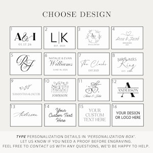 a collection of personalized design options, including names, initials, and custom text, presented in a box for users to choose from.