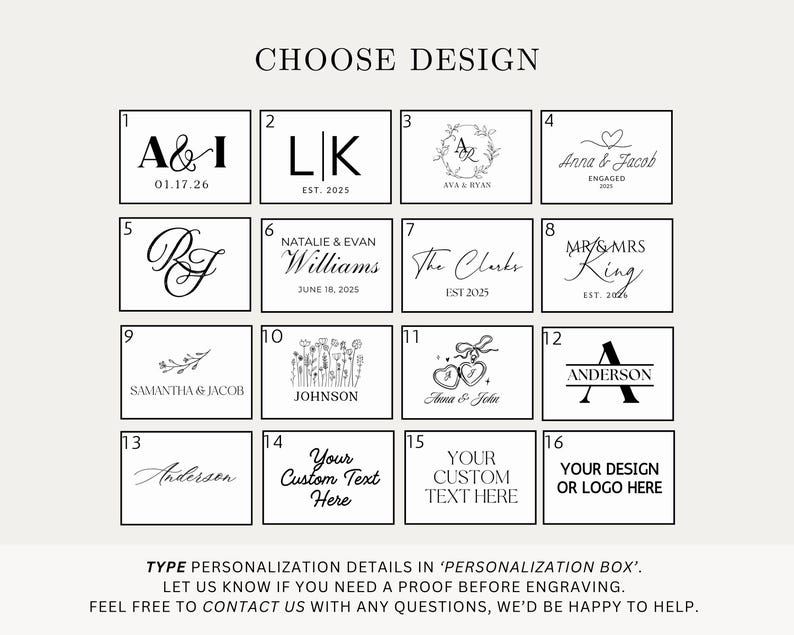 a collection of personalized design options, including names, initials, and custom text, presented in a box for users to choose from.