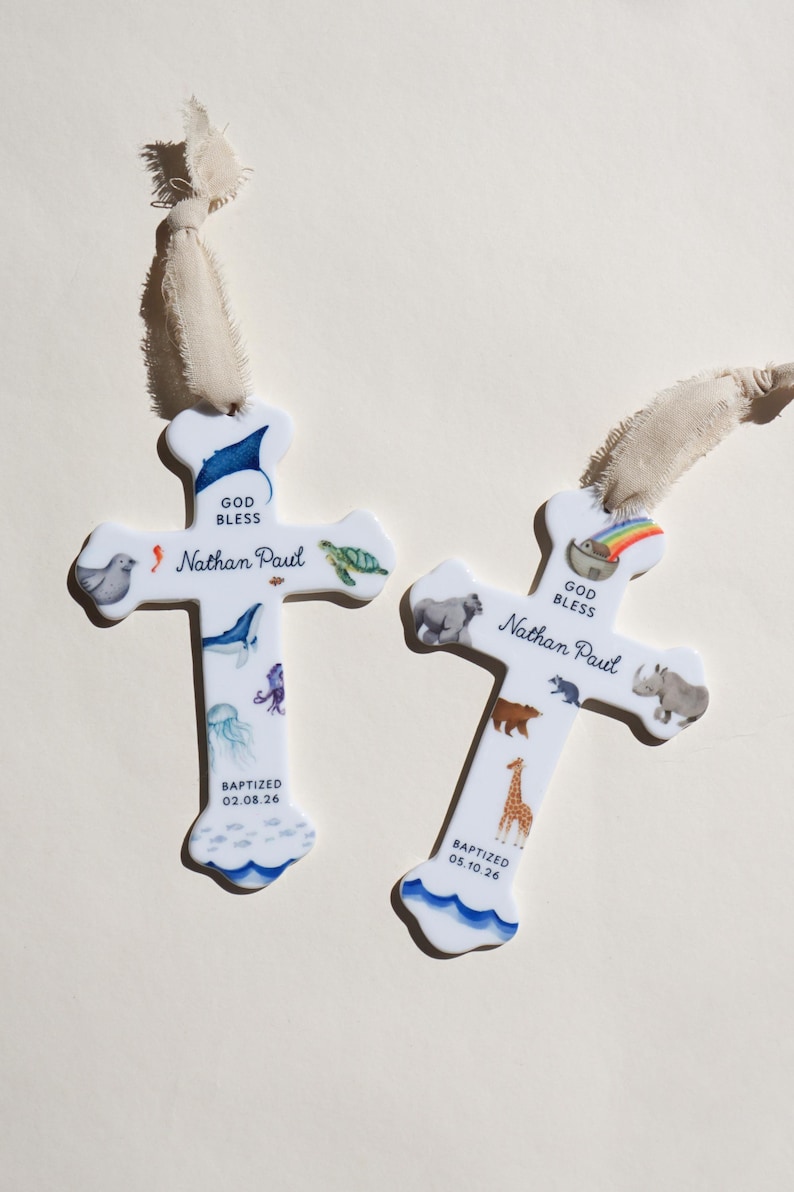 Personalized Baby Boy Baptism Gift Ceramic Cross Name Christian Keepsake Newborn Dedication Christening Presentation Grandbaby Gift Idea
