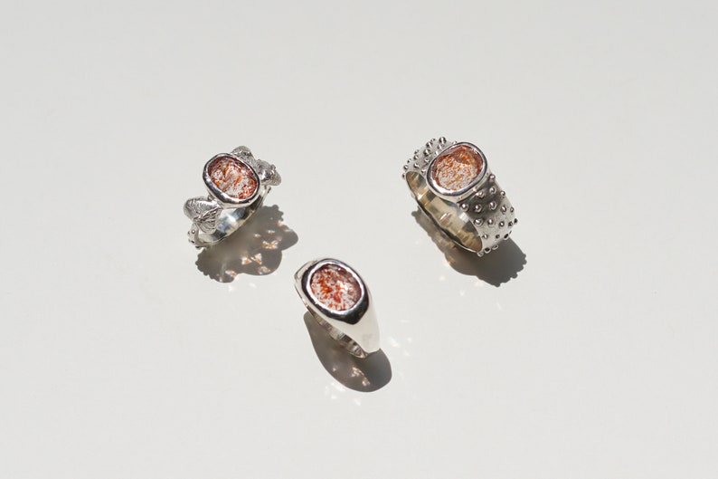 Silver Sunstone Gemstone Flower Rings