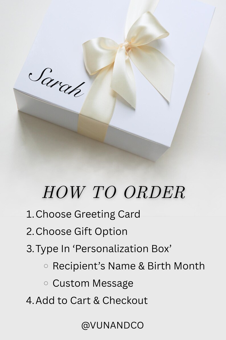 May include: A white gift box with a cream-colored ribbon and bow. The name "Sarah" is written on the box in elegant script. Instructions on how to order are listed below the box.