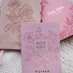 Personalized Pink Bible Christian Gift for Her Boho Flower KJV Bible with Name for Women Faux Leather Bible Custom English Holy Bible Gift