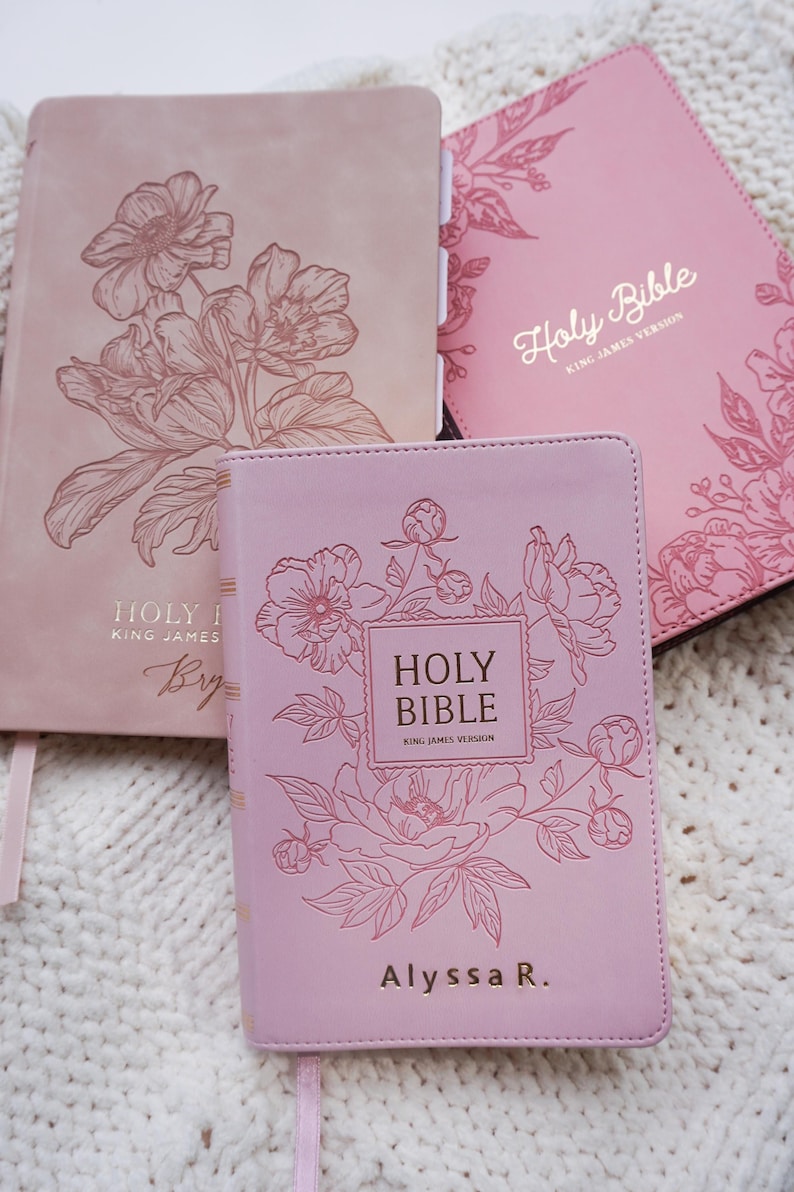 Personalized Pink Bible Christian Gift for Her Boho Flower KJV Bible with Name for Women Faux Leather Bible Custom English Holy Bible Gift