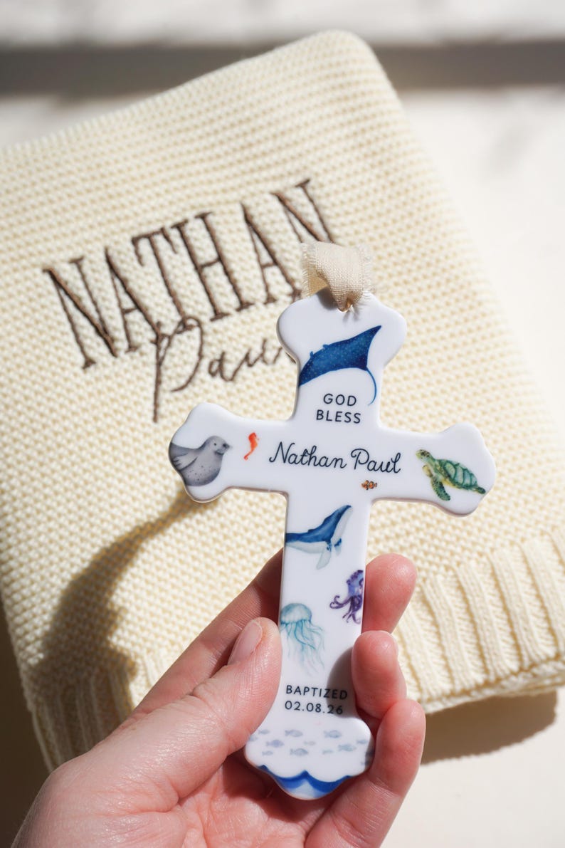 Personalized Baby Boy Baptism Gift Ceramic Cross Name Christian Keepsake Newborn Dedication Christening Presentation Grandbaby Gift Idea