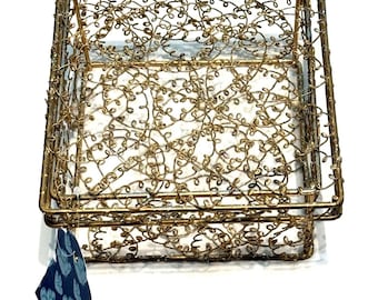 Vintage Decorative Gold Wire Filigree Basket Box With Lid Glitter Sparkle Decor