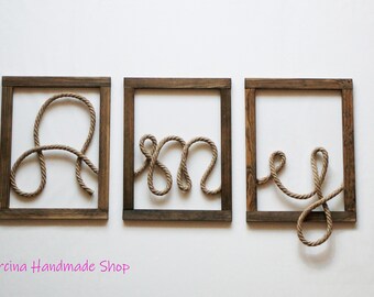 Stained Wood Framed Rope Personalized Wall Decor Letters, Farmhouse Wood Name Sign, Personalized Rustic Decor Wood Sign, Custom Name Letters