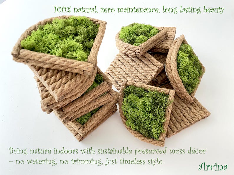 May include: A collection of triangular-shaped wall decor pieces featuring a textured, rope-like brown frame filled with bright green preserved moss. The text reads: 100% natural, zero maintenance, long-lasting beauty. Bring nature indoors with sustainable preserved moss d&eacute;cor &ndash; no watering, no trimming, just timeless style. Arcina.