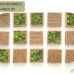 May include: A 15-piece set of Bauhaus rectangle wall art tiles featuring natural green moss and tan rope borders. Some tiles contain textured moss, while others feature horizontal or curved rope patterns. Text reads BAUHAUS RECTANGLE 15-PIECE SET.