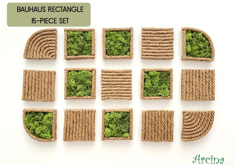 May include: A 15-piece set of Bauhaus rectangle wall art tiles featuring natural green moss and tan rope borders. Some tiles contain textured moss, while others feature horizontal or curved rope patterns. Text reads BAUHAUS RECTANGLE 15-PIECE SET.